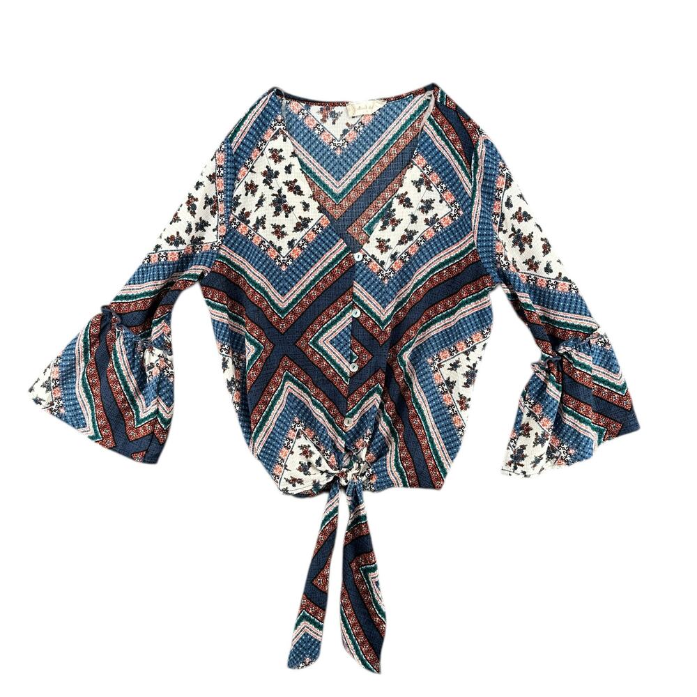 Altar’d State Boho Tie Front Top Small Button Down Bell Sleeve Blue Red White